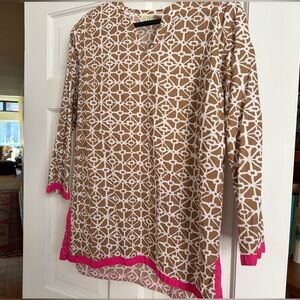 Boo Gemes of Boca Grande Brown and White Geometric Swim Coverup with Pink Trim